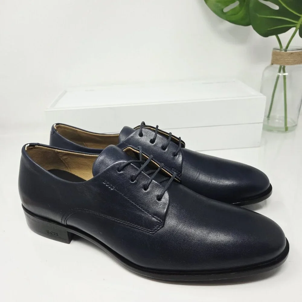 Hugo Boss Mens 9.5 Colby Navy Blue Lace-Up Oxfords Shoes Leather Dress